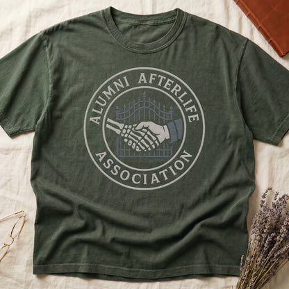 Dark Rose tee with embroidered patch, skeletal handshake at cemetery gate, "ALUMNI AFTERLIFE" top, "ASSOCIATION" bottom.