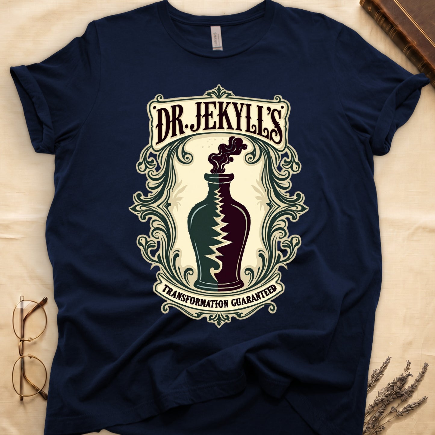 Navy tee with apothecary label, green elixir bottle, lightning bolt, smoke, "DR. JEKYLL'S," "TRANSFORMATION GUARANTEED."
