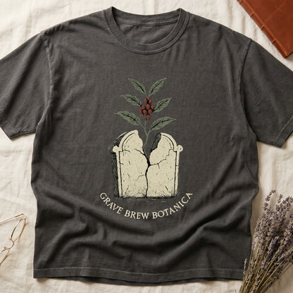 Dark grey t-shirt with a cracked gravestone and coffee plant design.