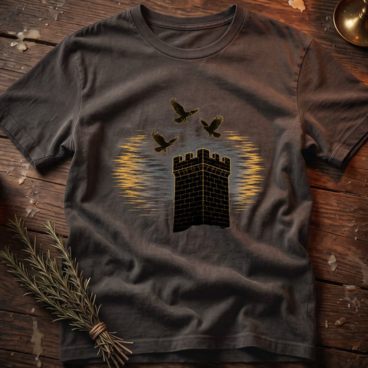 T-shirt with black brick tower and three flying birds design.