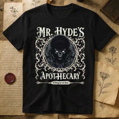 Black tee with ornate filigree frame, wild-haired skull figure, "MR. HYDE'S APOTECARY," "We Bring Out the Beast" below.