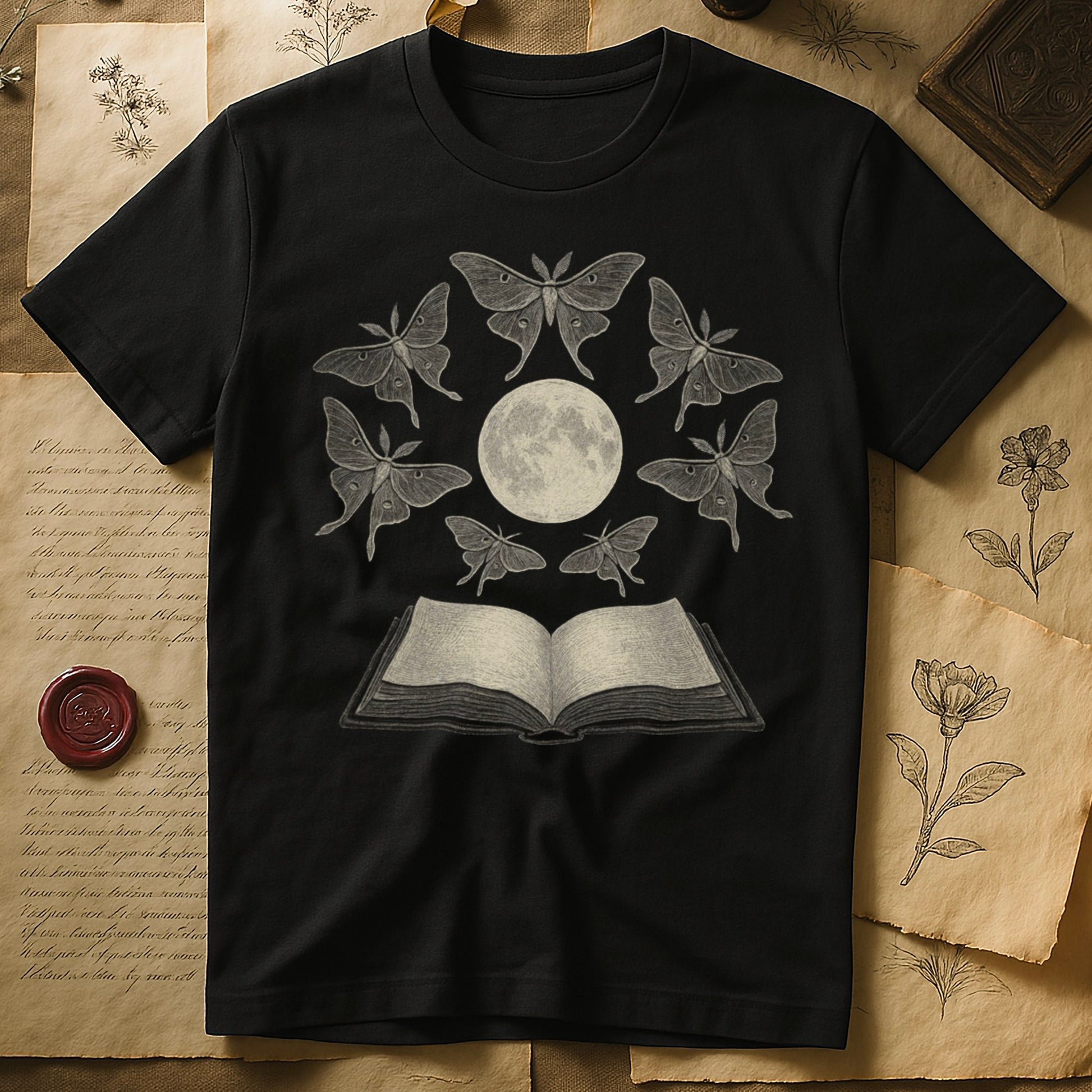 Black tee with full moon center, seven luna moths in halo around, open book below, cream-on-black engraving.