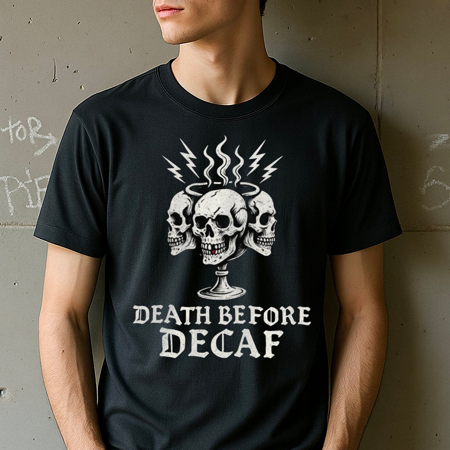 Death Before Decaf Skulls Graphic T-shirt product type