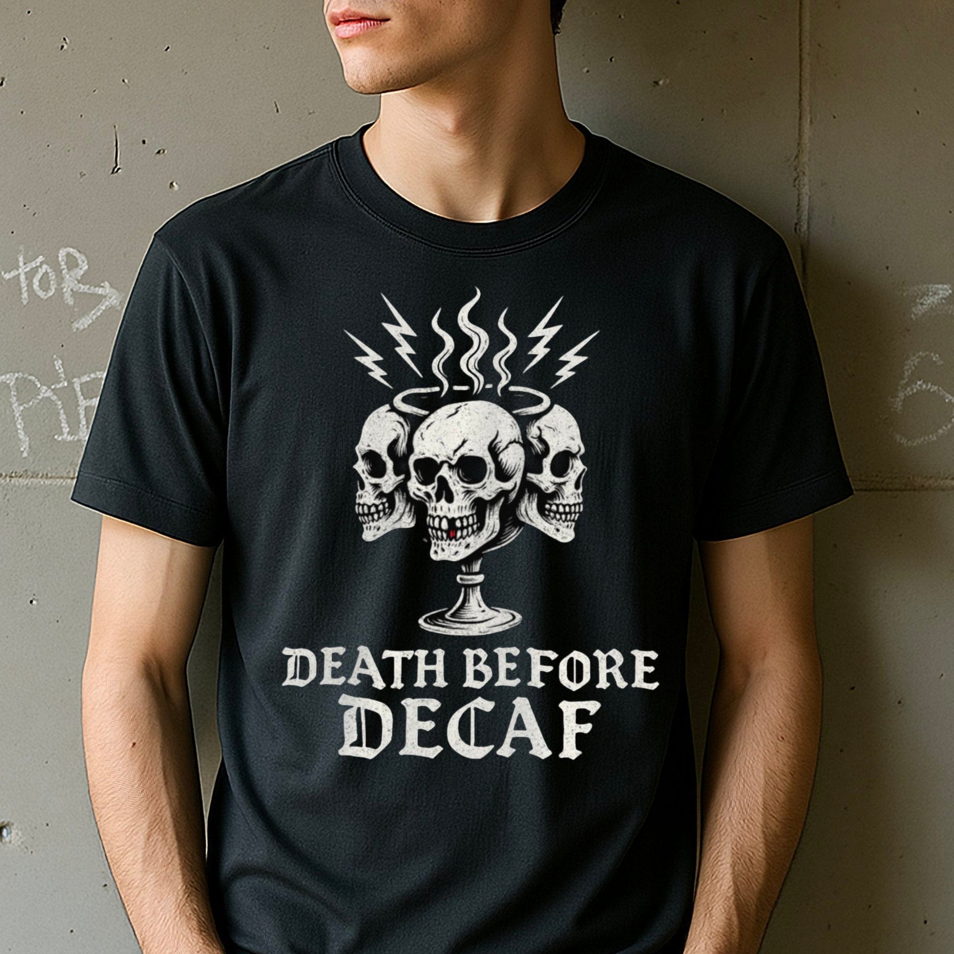 Death Before Decaf Skulls Graphic T-shirt product type
