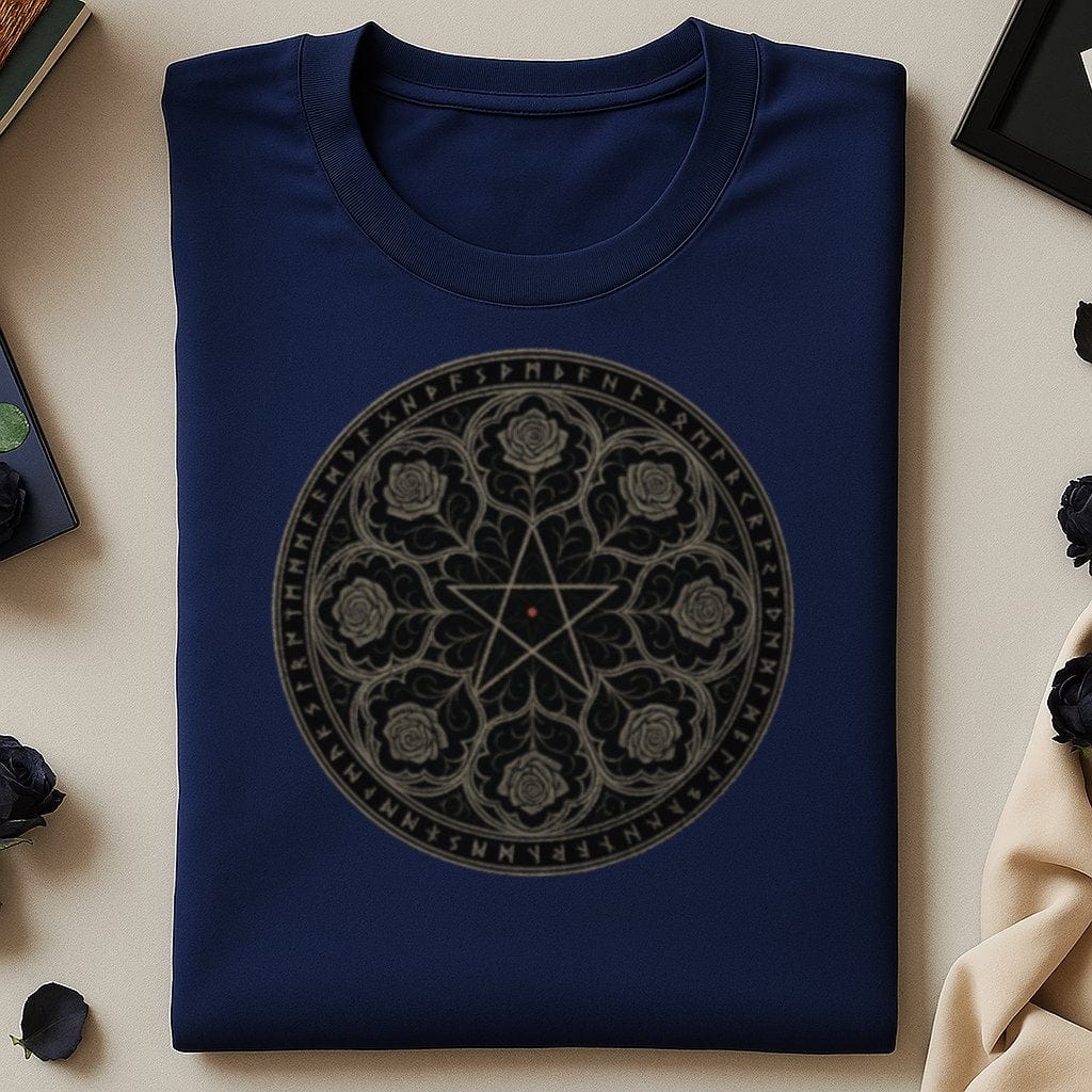 Intricate Rose Design on Dark Blue Shirt product