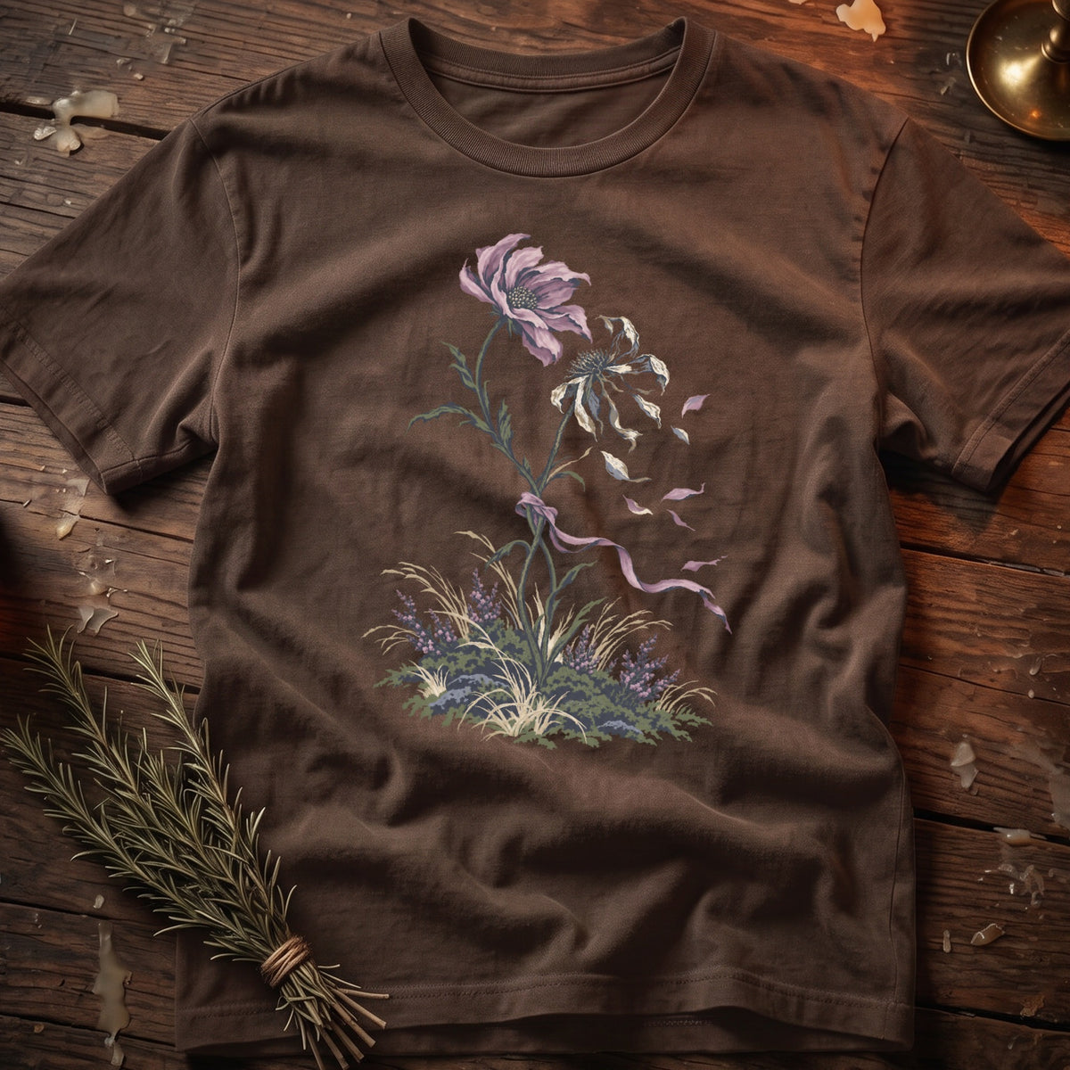 Brown t-shirt with a floral illustration featuring a large purple flower and dry petals.