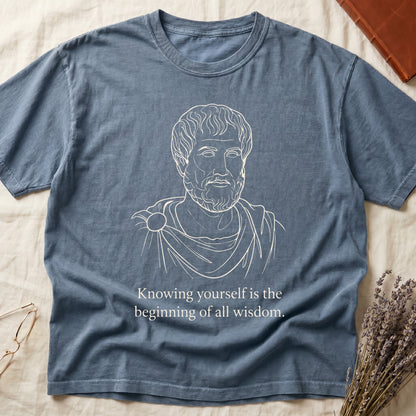 Blue Jean tee with classical philosopher bust in cream linework, "Knowing yourself is the beginning of all wisdom" below.