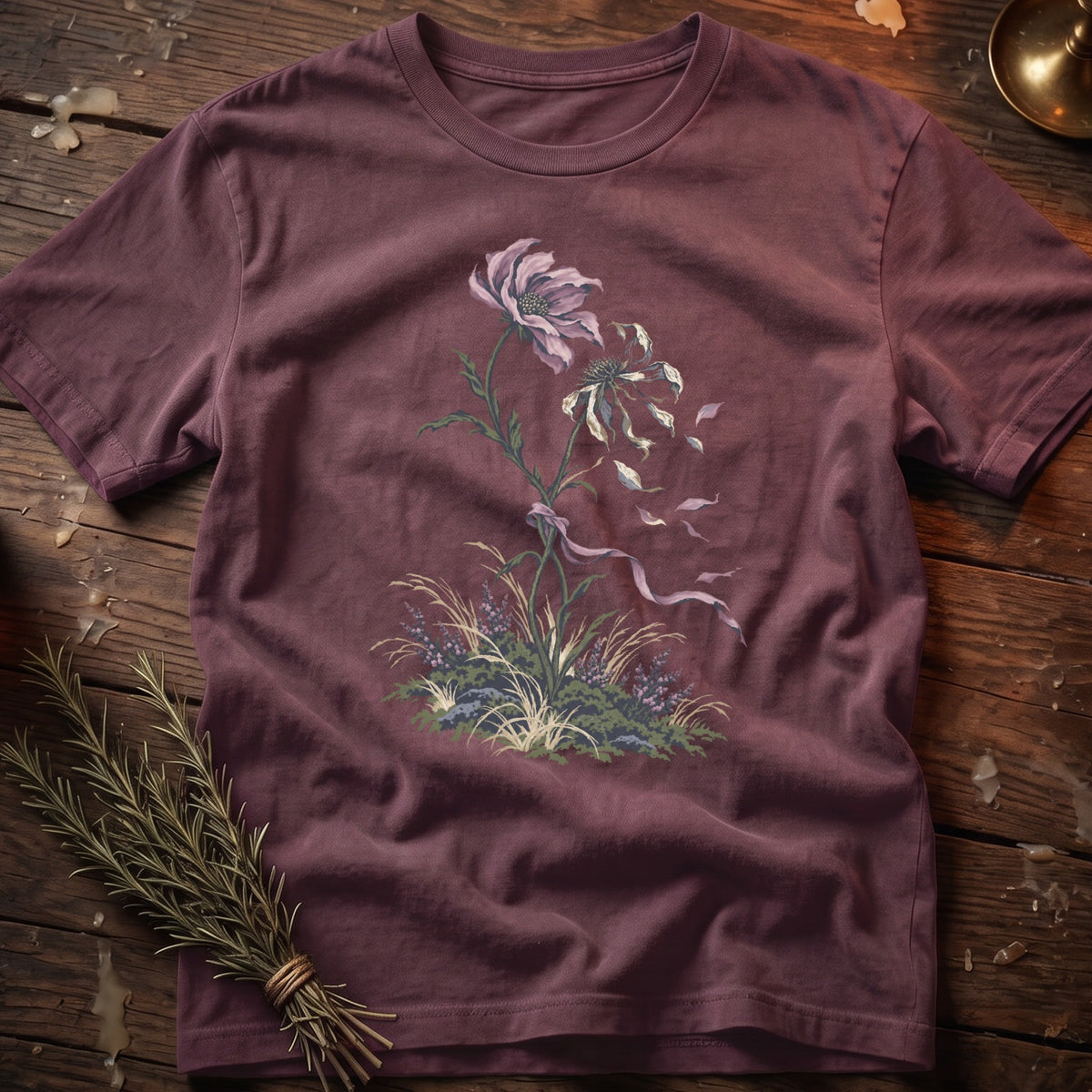 T-shirt with a painted floral design featuring two anemone-like flowers and greenery.