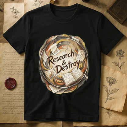 Black tee with globe of papers, open books, charts in colored ink, "Research & Destroy" in cursive at center.