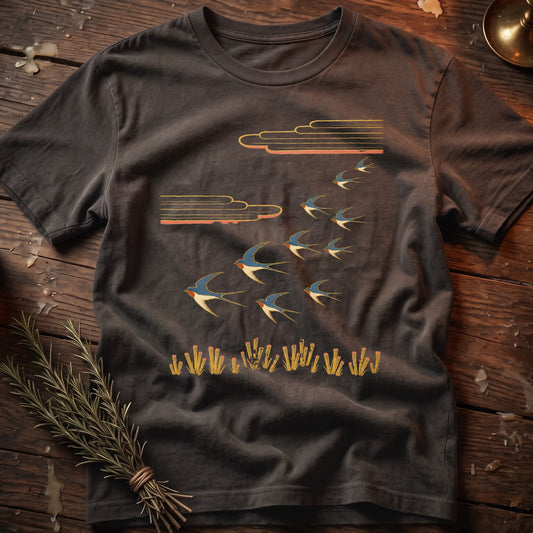 Dark gray t-shirt with a flock of swallows flying over stylized reeds and clouds.