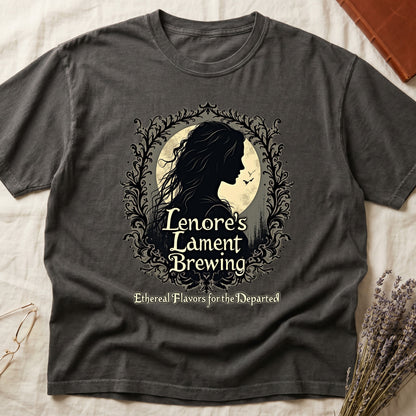 Pepper tee with sage label, Lenore silhouette and moon, "Lenore's Lament Brewing," "Ethereal Flavors for the Departed."