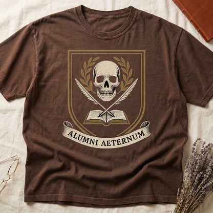 Espresso tee with heraldic shield, skull and gold laurels, crossed quills, open book, scroll "ALUMNI AETERNUM" below.