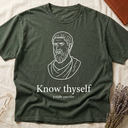 Green tee with classical Greek philosopher bust in white linework, "Know thyself" in cream serif below.