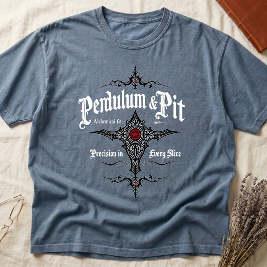 Blue Jean tee with white talismanic cross, "Pendulum & Pit Alchemical Co.," "Precision in Every Slice" banner ribbons.
