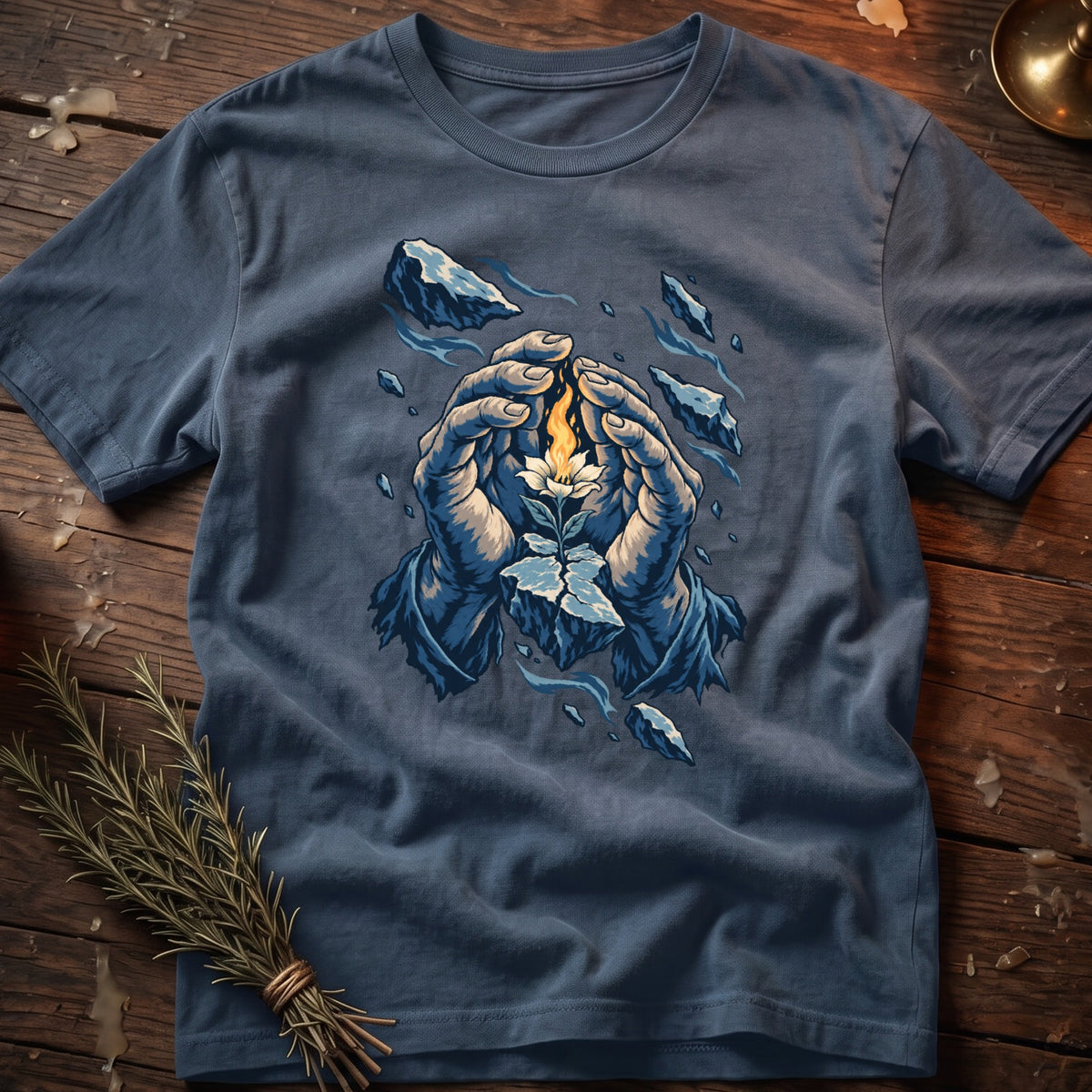 T-shirt with blue wash and graphic of hands holding a glowing flower with floating ice shards.
