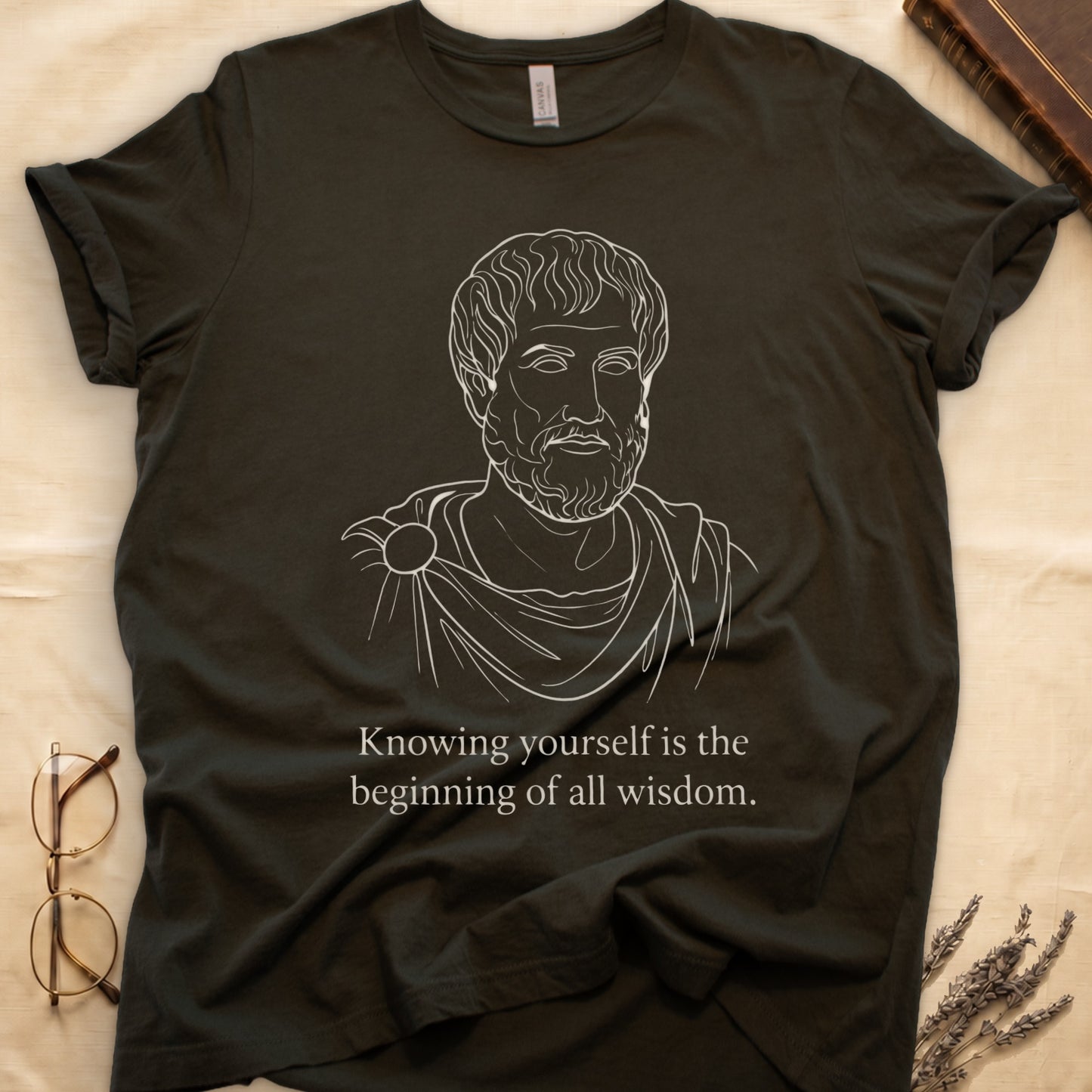 Military Green tee with classical philosopher bust in cream linework, "Knowing yourself is the beginning of all wisdom" below.