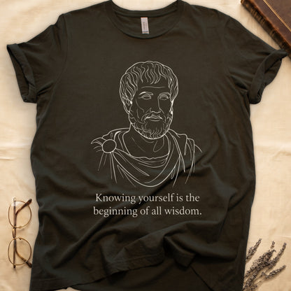 Military Green tee with classical philosopher bust in cream linework, "Knowing yourself is the beginning of all wisdom" below.