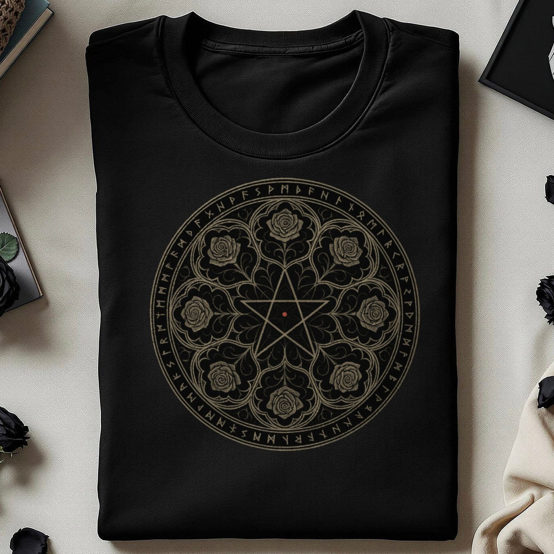 Mystical Runes and Roses Black Graphic Tee Shirt Product