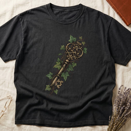 Black tee with ornate antique skeleton key in bronze, climbing English ivy in green on terracotta ground.