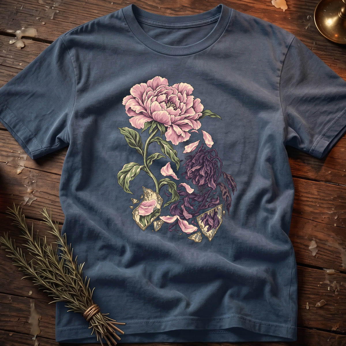 Blue t-shirt with a pink and purple floral design with broken elements.