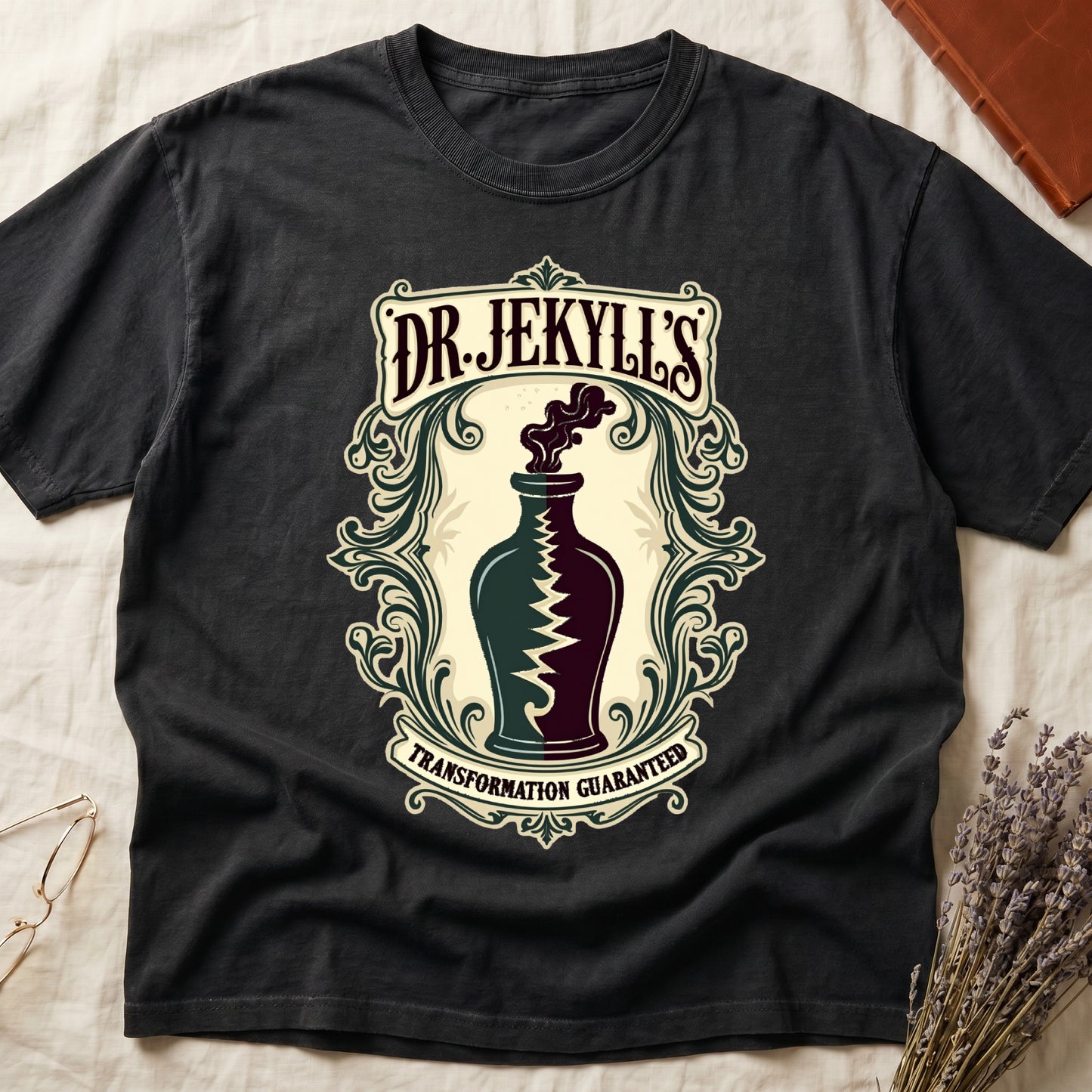 Black tee with apothecary label, green elixir bottle, lightning bolt, smoke, "DR. JEKYLL'S," "TRANSFORMATION GUARANTEED."