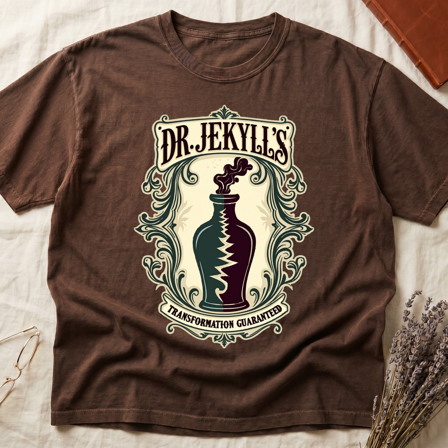 Espresso tee with apothecary label, green elixir bottle, lightning bolt, smoke, "DR. JEKYLL'S," "TRANSFORMATION GUARANTEED."