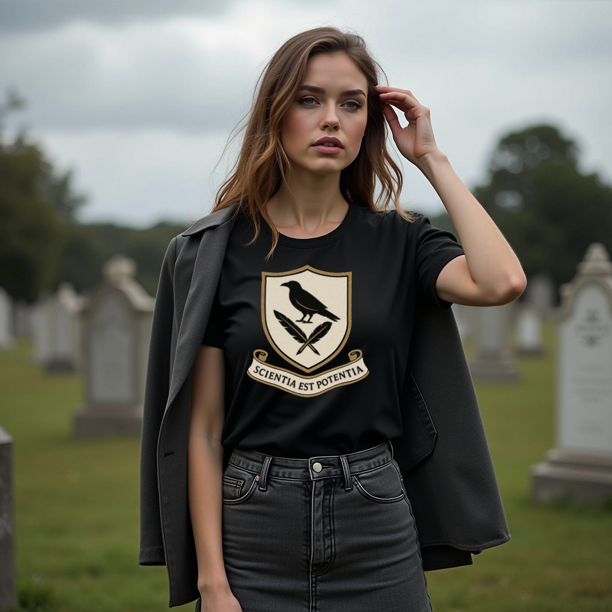 Scientia Est Potentia Raven Shield Graphic T-Shirt product type