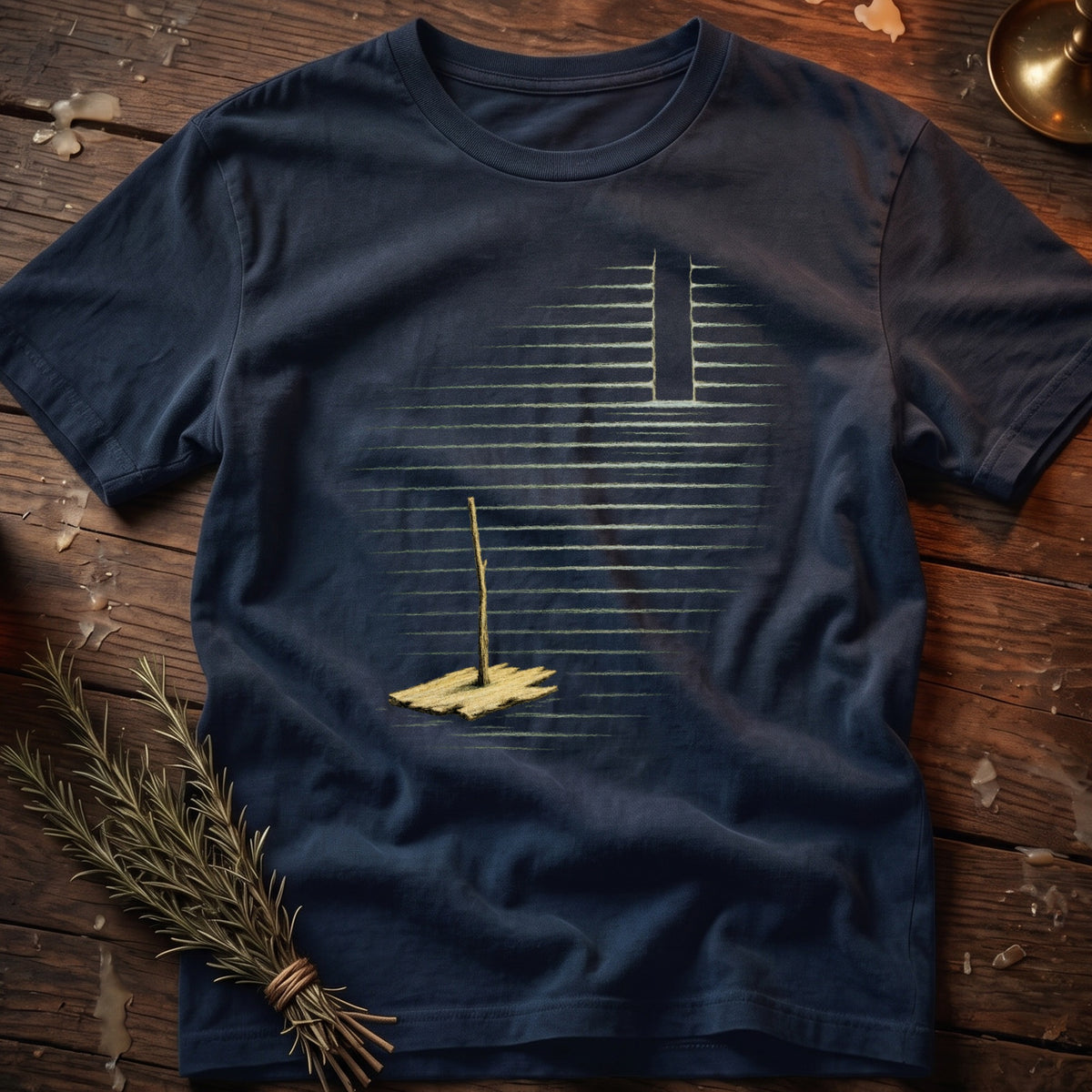 Dark blue t-shirt with a graphic of a wooden structure and horizontal lines.