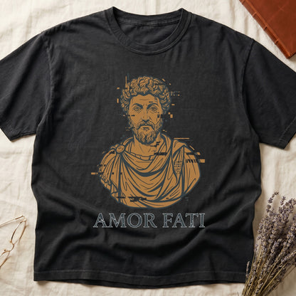 Black tee with bearded Stoic bust portrait in copper and slate, "AMOR FATI" in distressed serif capitals below.