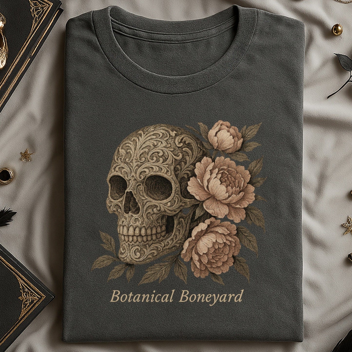 Artistic Skull and Roses Print Botanical Boneyard T-shirt product