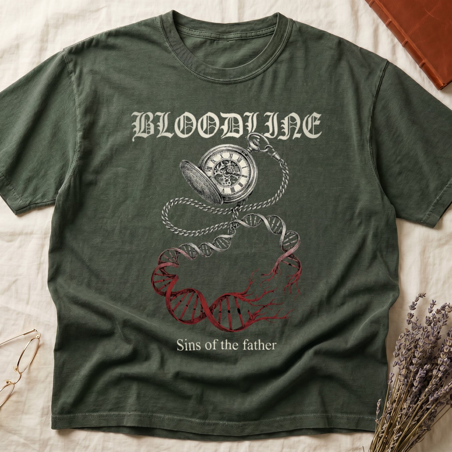 Green tee with antique pocket watch chain becoming DNA helix with red roots, "BLOODLINE" top, "Sins of the father" below.
