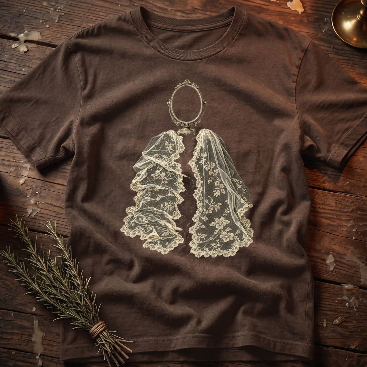 Brown t-shirt with an antique mirror and lace design.