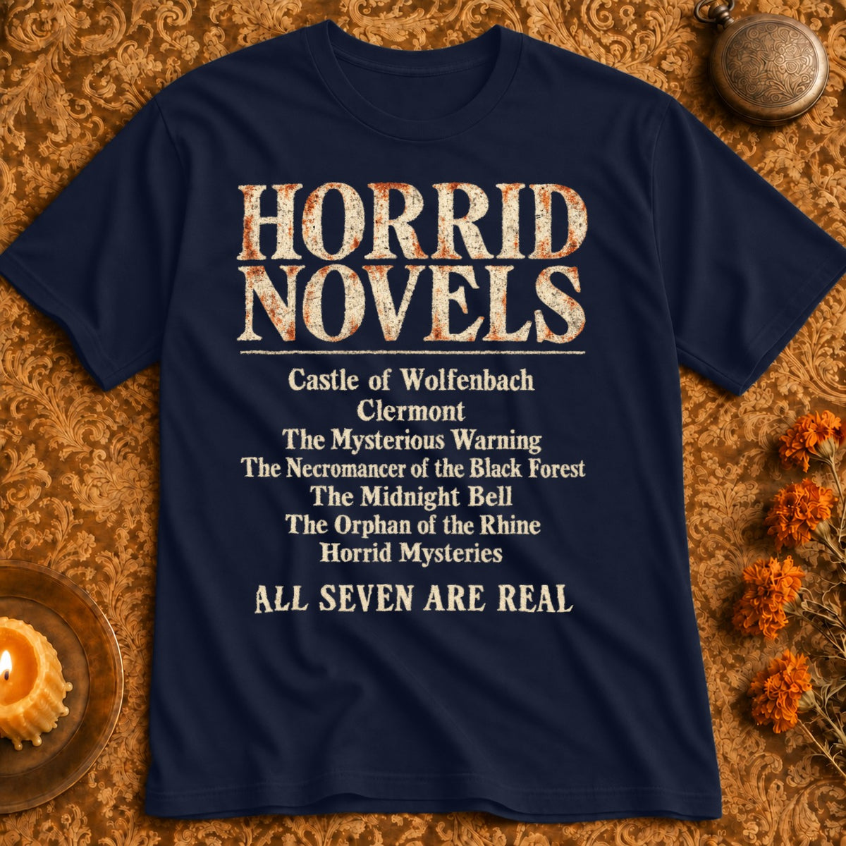 Navy t-shirt with "Horrid Novels" and a list of seven book titles.