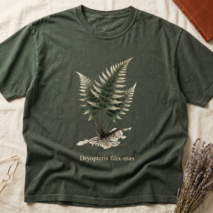 Green tee with Victorian fern illustration of Dryopteris filix-mas in greens with exposed root, italic Latin binomial below.