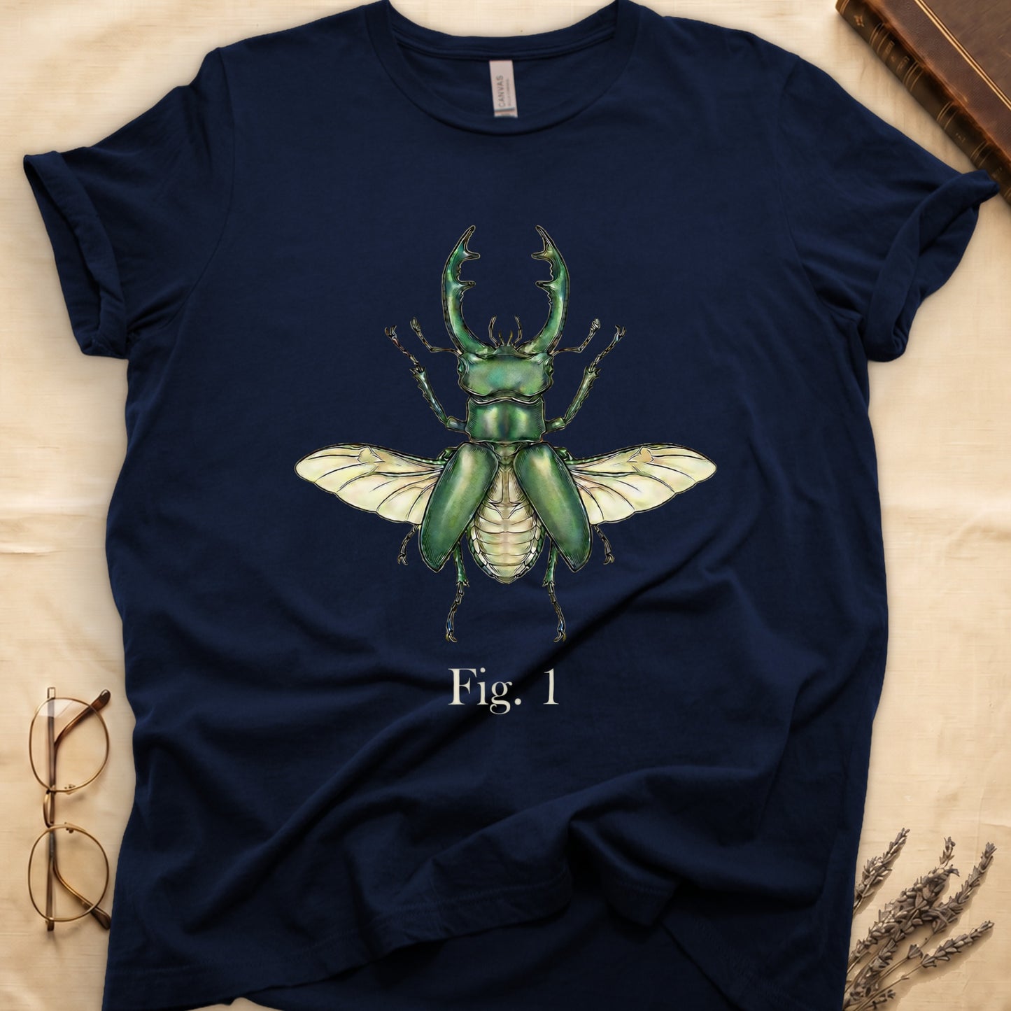 Dark blue t-shirt with a green stag beetle illustration and "Fig. 1".