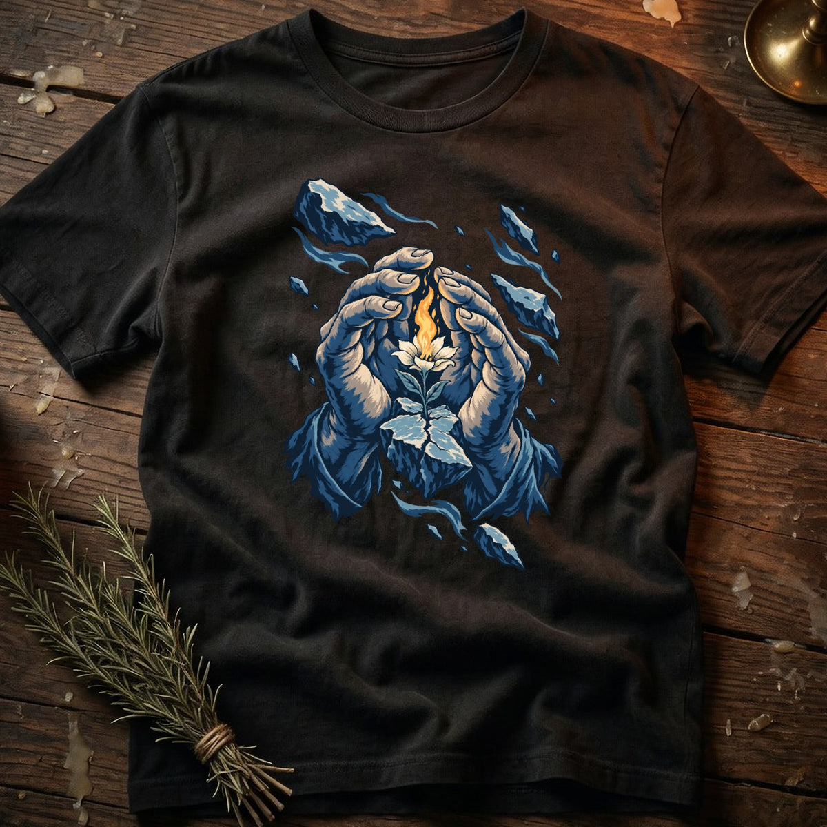 Dark t-shirt with graphic of hands holding a blooming flower above cracked ice.