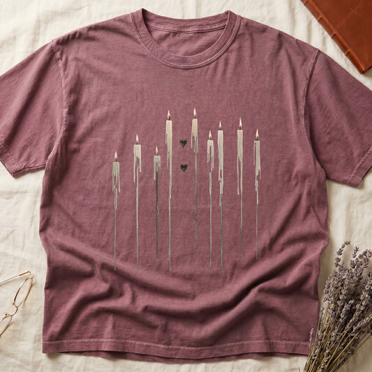 Rose t-shirt with melting candles and two black hearts graphic.