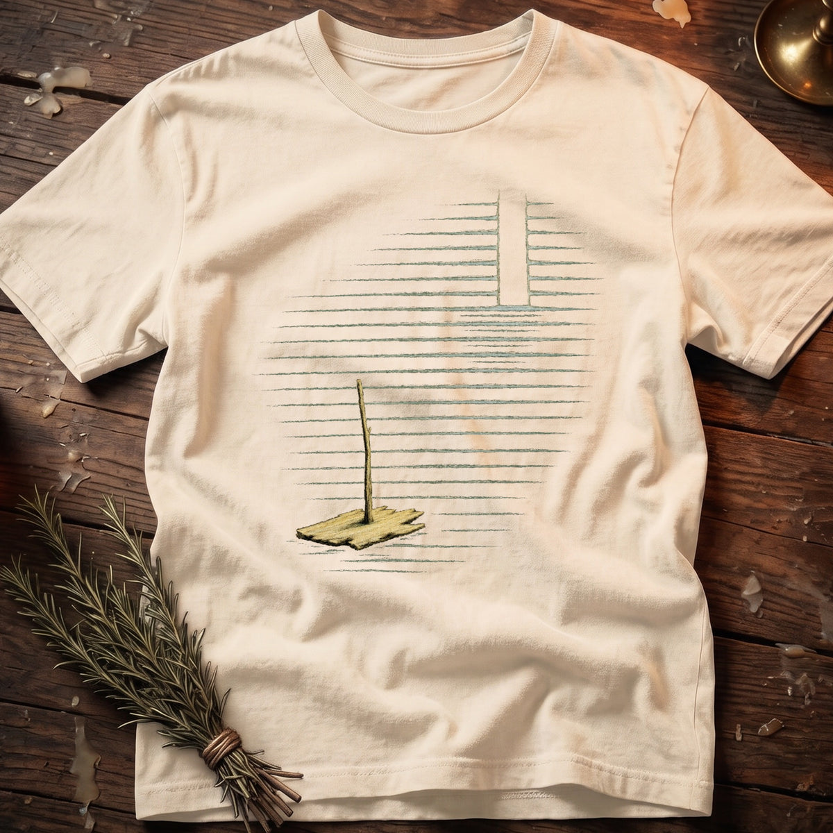 T-shirt with graphic of a single stick on a wooden plank with horizontal lines.