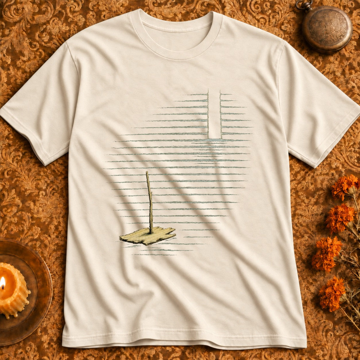 Cream t-shirt with abstract line art design and a central solitary stick.