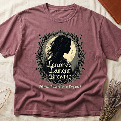 Dark Rose tee with sage label, Lenore silhouette and moon, "Lenore's Lament Brewing," "Ethereal Flavors for the Departed."