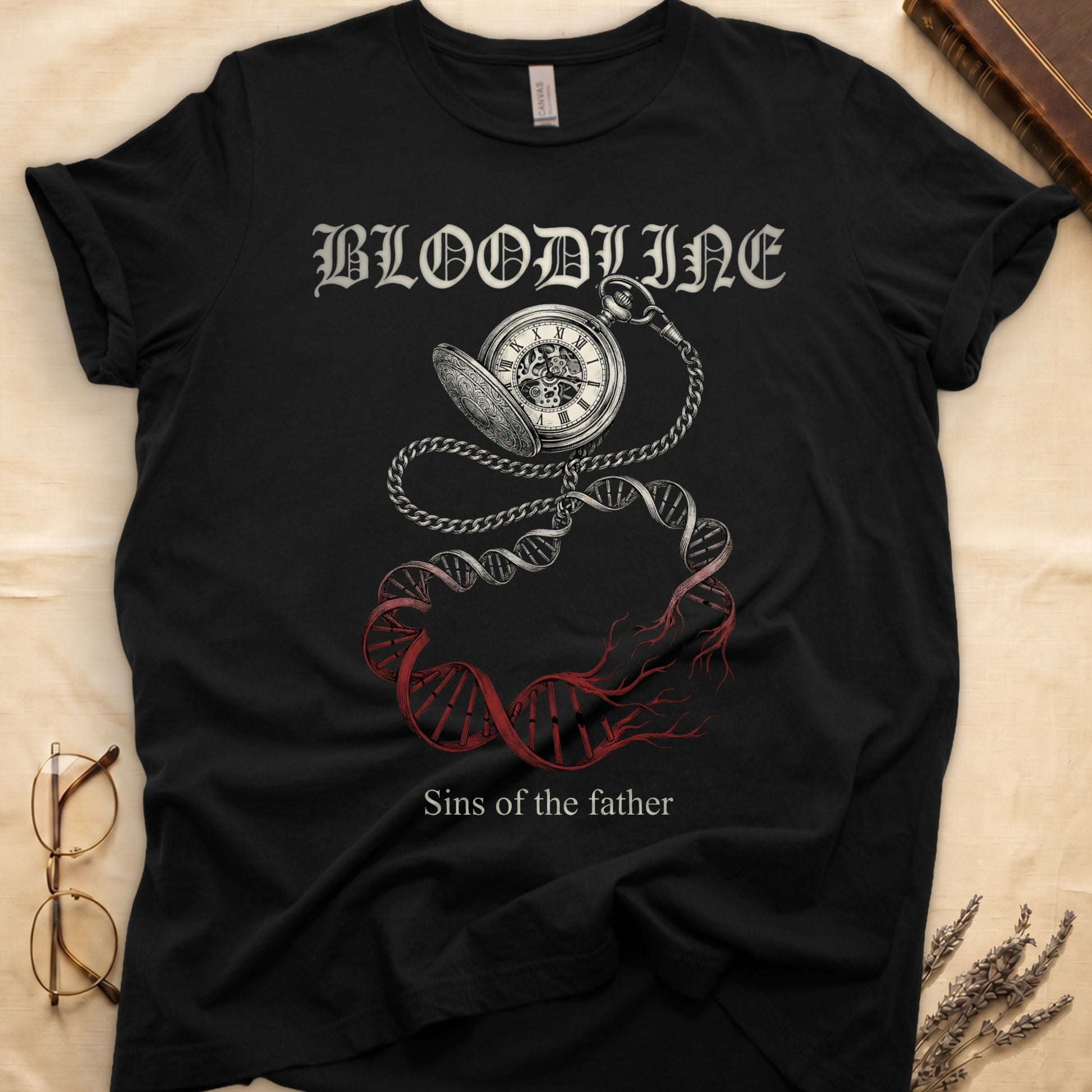 Black tee with antique pocket watch chain becoming DNA helix with red roots, "BLOODLINE" top, "Sins of the father" below.