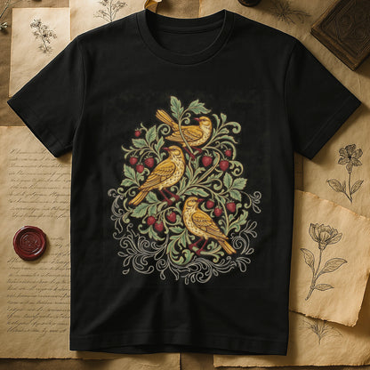 Black tee with three yellow songbirds perched among strawberry vines and green leaves, William Morris pattern style.