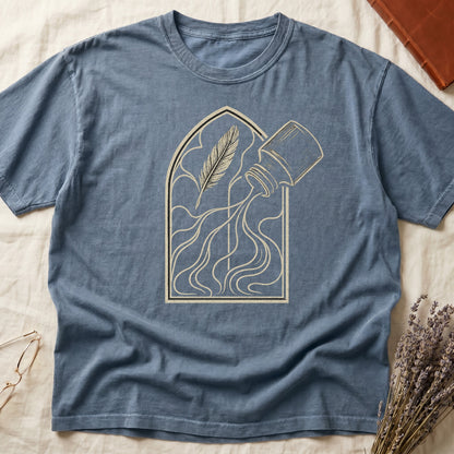Blue Jean tee with sepia gothic arch, feather quill on left and tipped ink bottle on right spilling ink in curling tendrils.
