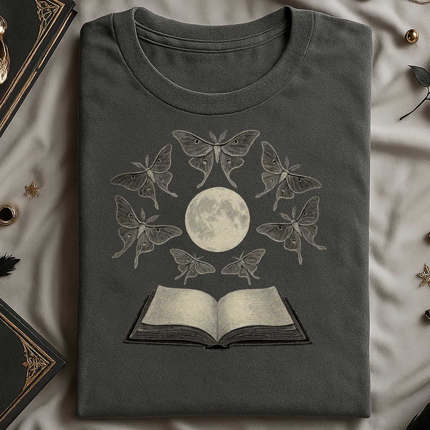 Moonlight Moths and Open Book Graphic T-shirt product