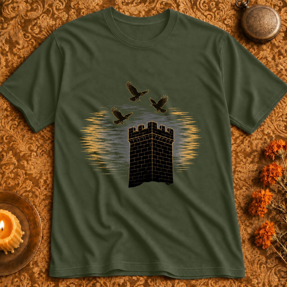 Green t-shirt with a black castle tower and three flying crows design.