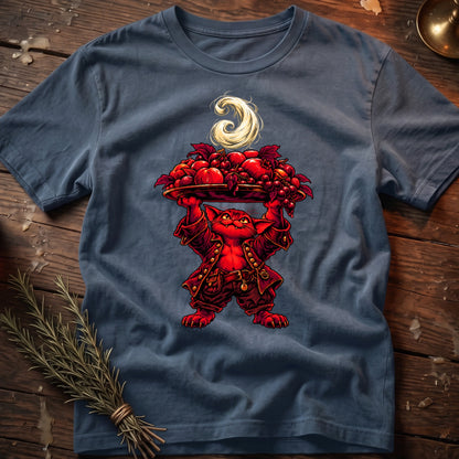 Red cat character in ornate clothing holding a platter of red fruits and a golden swirl.