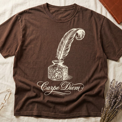 Espresso tee with ornate antique inkwell and quill pen in sepia linework, "Carpe Diem" in flowing cursive below.