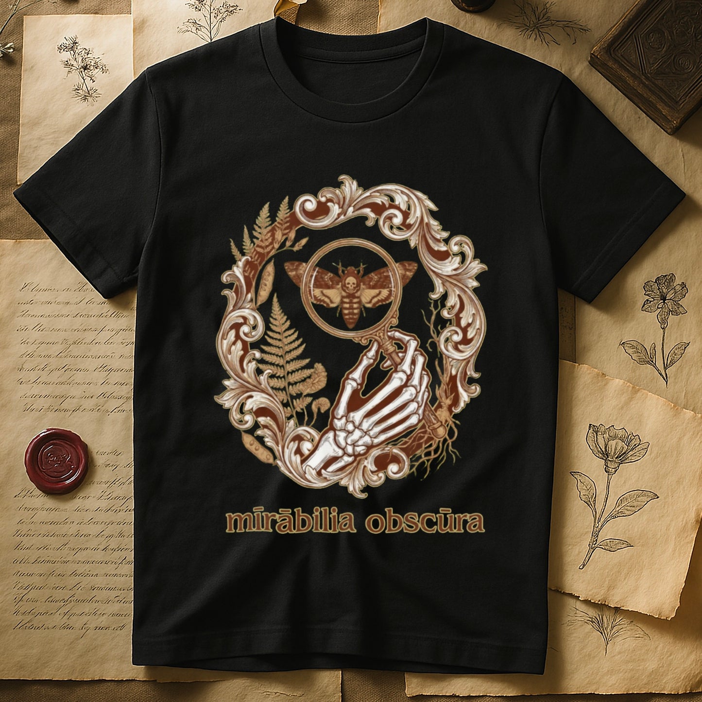 Black tee with skeletal hand, magnifying glass, death's-head moth, ferns on green, "mīrābilia obscūra" in Latin italic.