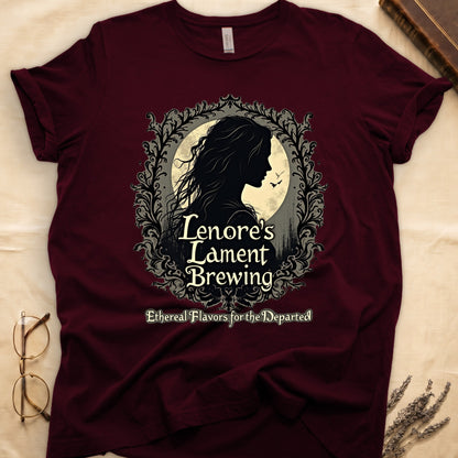 Maroon tee with sage label, Lenore silhouette and moon, "Lenore's Lament Brewing," "Ethereal Flavors for the Departed."