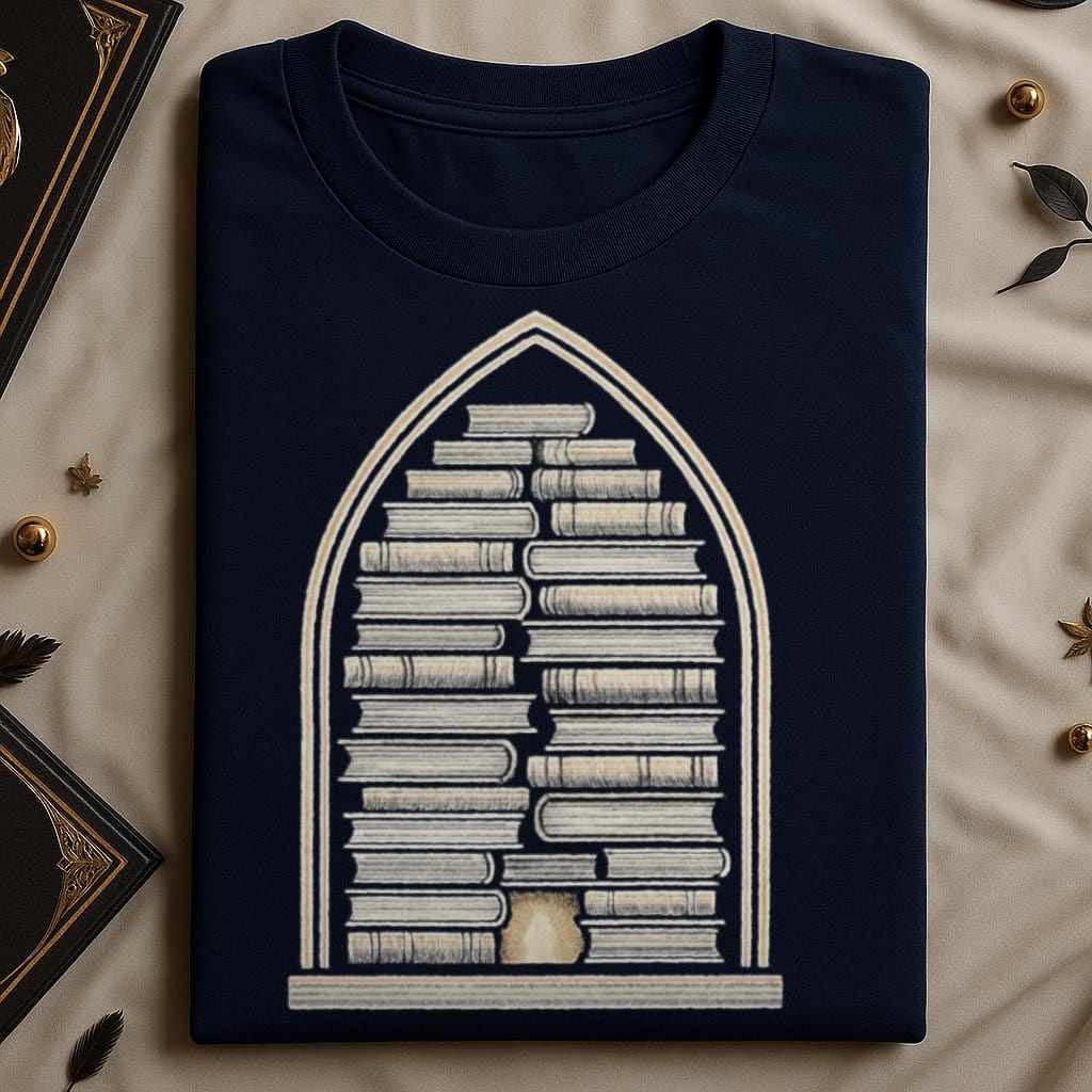 Arched bookshelf design on navy blue shirt product type